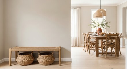 Woven Bench with Baskets and Dining Room View, Natural Light Interior