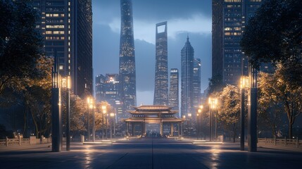 Fototapeta premium Modern city skyline at dusk, traditional Chinese archway in foreground.