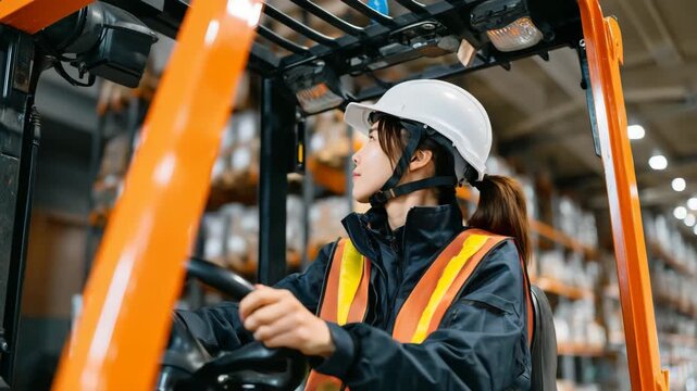 女性がフォークリフトを操作する様子