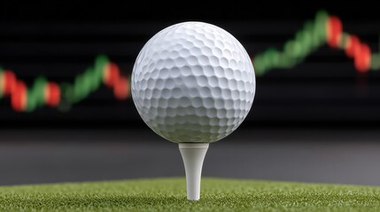 Golf ball poised on tee against a vibrant background of fluctuating graph lines representing market trends under a dynamic lighting setup