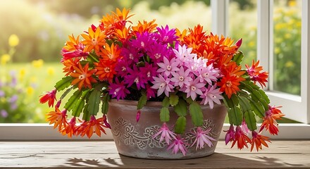 Colorful Cactus Flowers in a Pot by a Window.