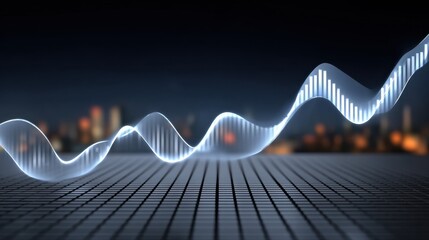 Dynamic trends in technological advancement showcased through a vibrant blue chart against an urban backdrop illuminated at night