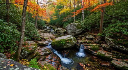 Serene autumn landscape with a stream flowing through mossy rocks