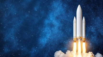 Obraz premium Rocket launching into starry sky, flames and smoke create dramatic scene of exploration