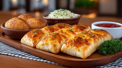 Savory treats of fried pastries and delicious sides waiting to be enjoyed at a festive gathering in a cozy restaurant atmosphere