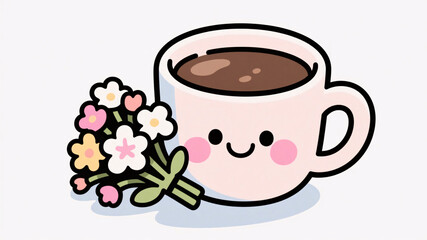 Pastel kawaii illustration of cute coffee mug with little pink cheeks and tiny blossoms beside it symbolizing joyful morning moments