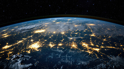 Obraz premium Bright cities illuminate Earth at night, showcasing vibrant urban landscapes from space