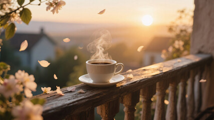 Peaceful morning ritual with aromatic coffee and gentle blossoms in a serene outdoor space embodying slow living lifestyle and retreat vibes