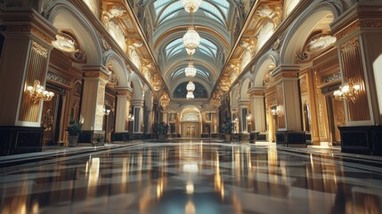 Fototapeta premium Luxurious grand hall interior with gold and marble details.