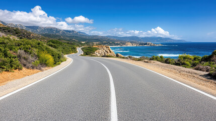 Winding coastal road with ocean view and scenic landscape, inviting exploration and adventure