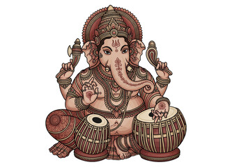 PNG cut out isolated background. A detailed, traditional illustration of the Hindu deity Lord Ganesha playing the tabla drums.