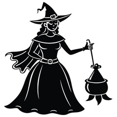 A black silhouette of a witch in a pointed hat, holding a broom and a bucket, walking.