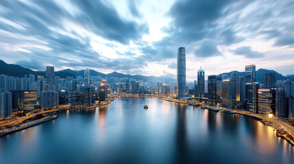 Fototapeta premium Stunning skyline view with illuminated skyscrapers reflecting on water at dusk