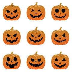 Halloween Pumpkins Collection of Carved Jack-o'-Lanterns with Various Expressions