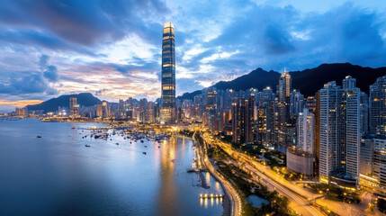 Obraz premium Stunning skyline at sunset with illuminated skyscrapers reflecting on water