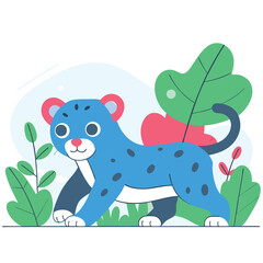 Obraz premium Cute blue leopard with big eyes among lush greenery