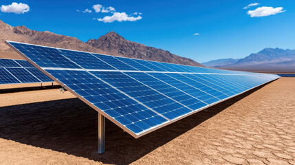 Solar panels in desert landscape with mountains and clear blue sky create serene atmosphere