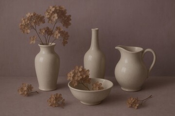 White Porcelain and Dried Flowers Still Life Muted Purple Soft Light Thoughtful Mood