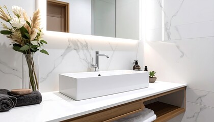 Modern bathroom vanity with marble and wood