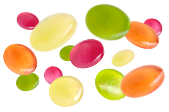 Levitation of colorful lollipops isolated on transparent background.
