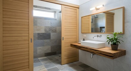 Fototapeta premium Modern bathroom with wooden vanity, stone tiles, and sliding door