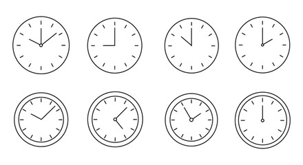 various clocks showing different times arranged neatly