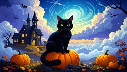 Spooky black cat on pumpkin, haunted house scene