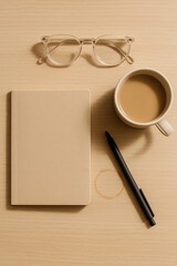Flat lay of notebook, pen, glasses and coffee cup with stain mark on wooden table