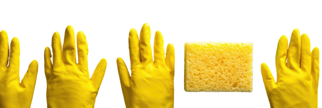 Yellow rubber cleaning gloves and a cleaning sponge