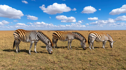Fototapeta premium Zebra herd grazing on savanna under blue sky with fluffy clouds, showcasing nature beauty