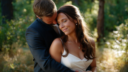 Fototapeta premium A tender hug between newlyweds, soft golden backlight, negative margin above.