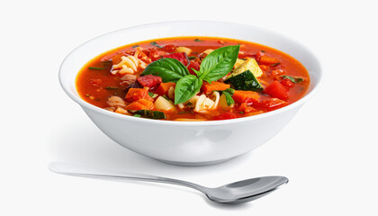Flavorful bowl of minestrone soup loaded with fresh vegetables and pasta isolated on a white background for culinary use