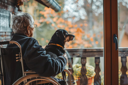 Elderly person in wheelchair enjoying peaceful moment with dog, gazing out at autumn scenery through large window, capturing warmth and companionship
