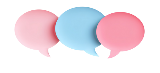 Three overlapping speech bubbles in light pink, light blue, and light red