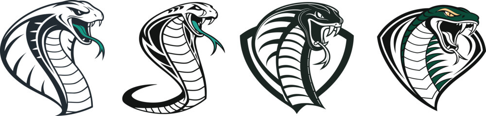 Stylized cobra head designs minimalist mascot logo side tattoo art featuring hooded snakes vector