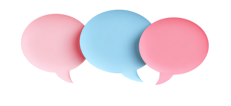 Three overlapping speech bubbles in light pink, light blue, and light red