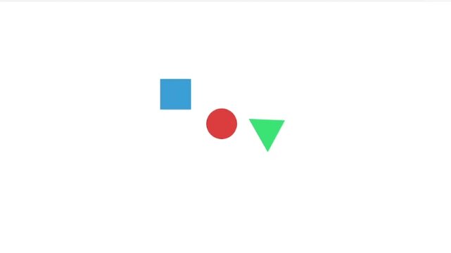 A blue square, a red circle, and a green triangle are arranged on a white background.