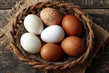 Six diverse eggs nestle in a woven basket on burlap, showing varied colors and textures