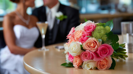 Close-up of bouquet resting on table, bride and groom blurred behind.