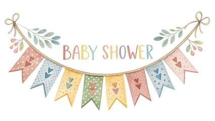 Charming watercolor baby shower banner with pastel pennants and floral motifs announcing celebration for new arrival