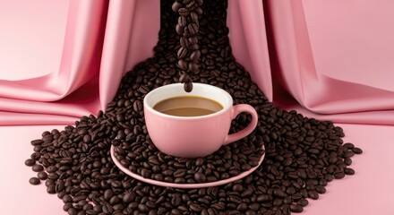 Obraz premium A cup of coffee surrounded by coffee beans with pink silk drapery