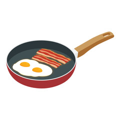 Cooking breakfast concept. Eggs and bacon on frying pan. Fried bacon slice and eggs. Morning food
