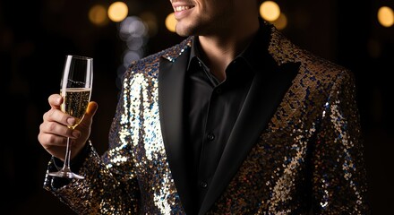 Stylish man in sequined jacket toasts with champagne at elegant party celebration