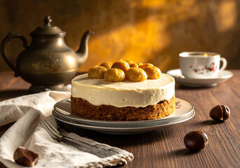 Elegant autumnal chestnut cake, featuring whole and peeled chestnuts, presented in various cozy and bright settings