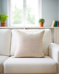 Fototapeta premium Cozy Beige Cushion on White Sofa in Bright Living Room
