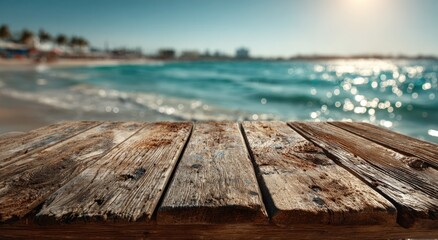 Fototapeta premium Weathered wood foreground with blurry ocean, beach, & sky background