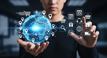 Futuristic business professional interacting with a glowing digital globe and technology icons in a modern office environment