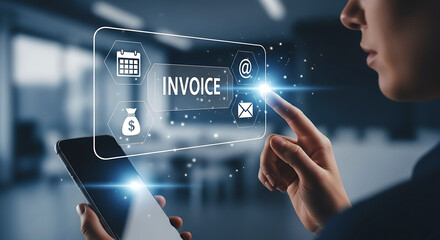 Business professional interacting with digital invoice interface on futuristic holographic screen with financial icons