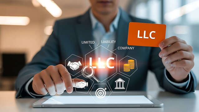 Business professional interacting with holographic financial and legal icons with llc card displayed signifying company formation