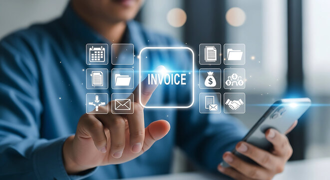 Business professional interacting with futuristic digital interface displaying business icons and data for decision making - Powered by Adobe
